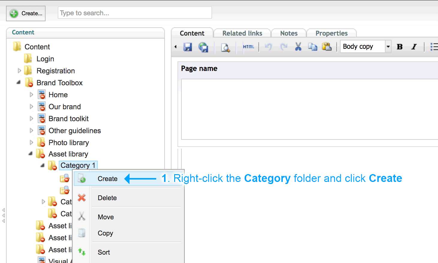 Step 1 – Click Create from the actions/context menu