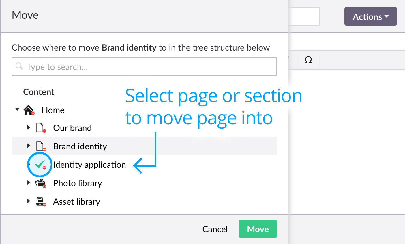 Moving pages - Select page destination