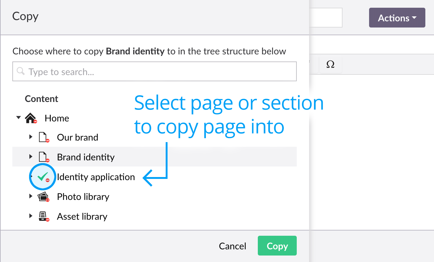 Copying pages - Select page destination