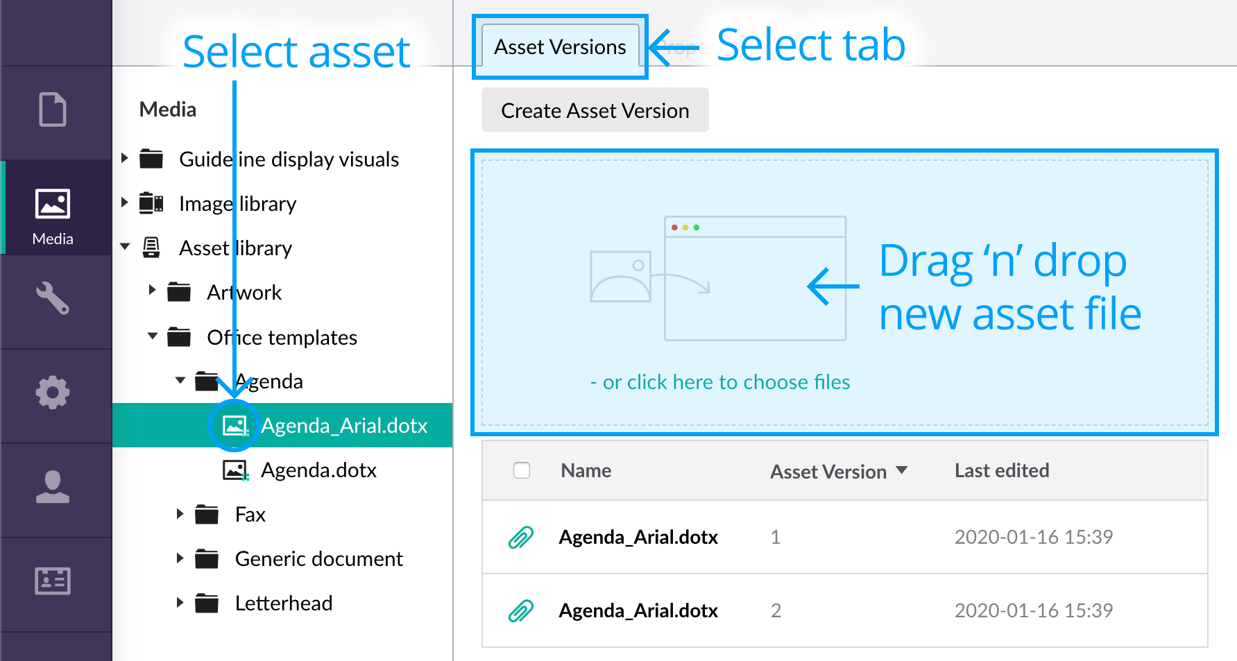 Drag and drop new asset into the asset versions upload area