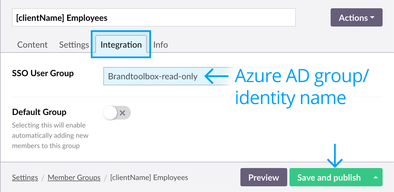 SSO mapping Brand Toolbox Member Groups to Azure AD identity names - Enter Azure identity name