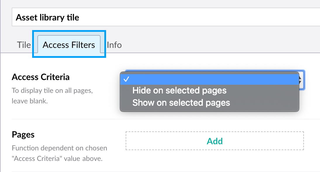 Simple link tile - Access filters tab