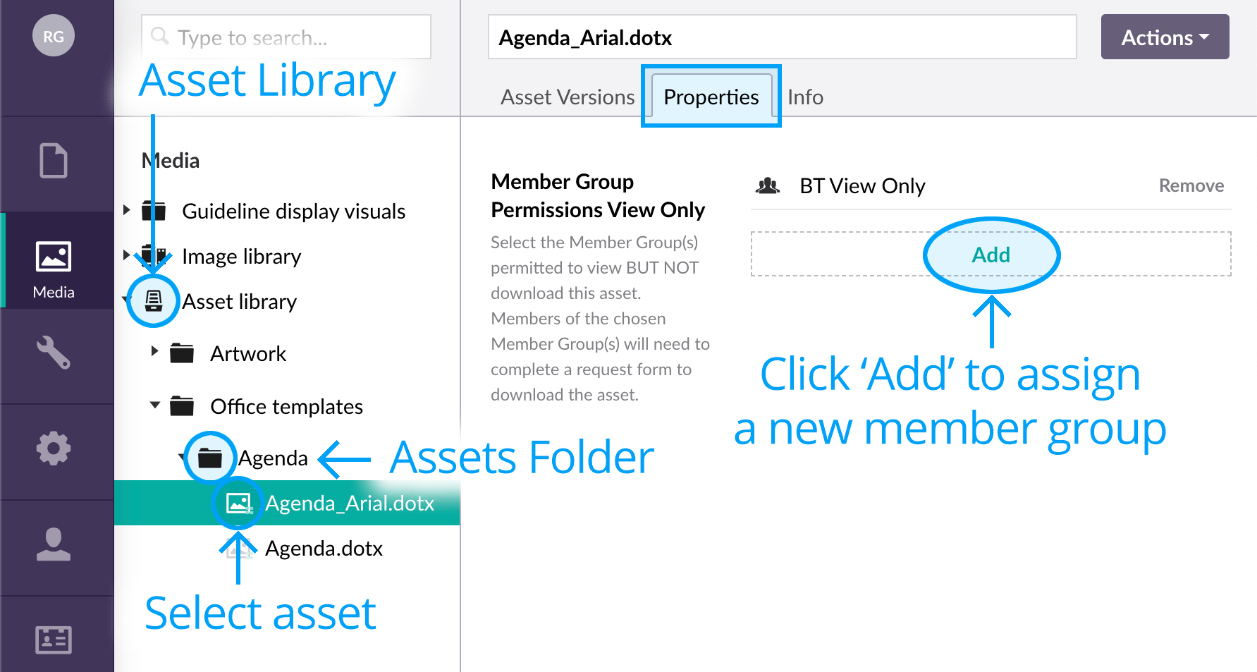 Setting asset member group view only permissions to individual assets