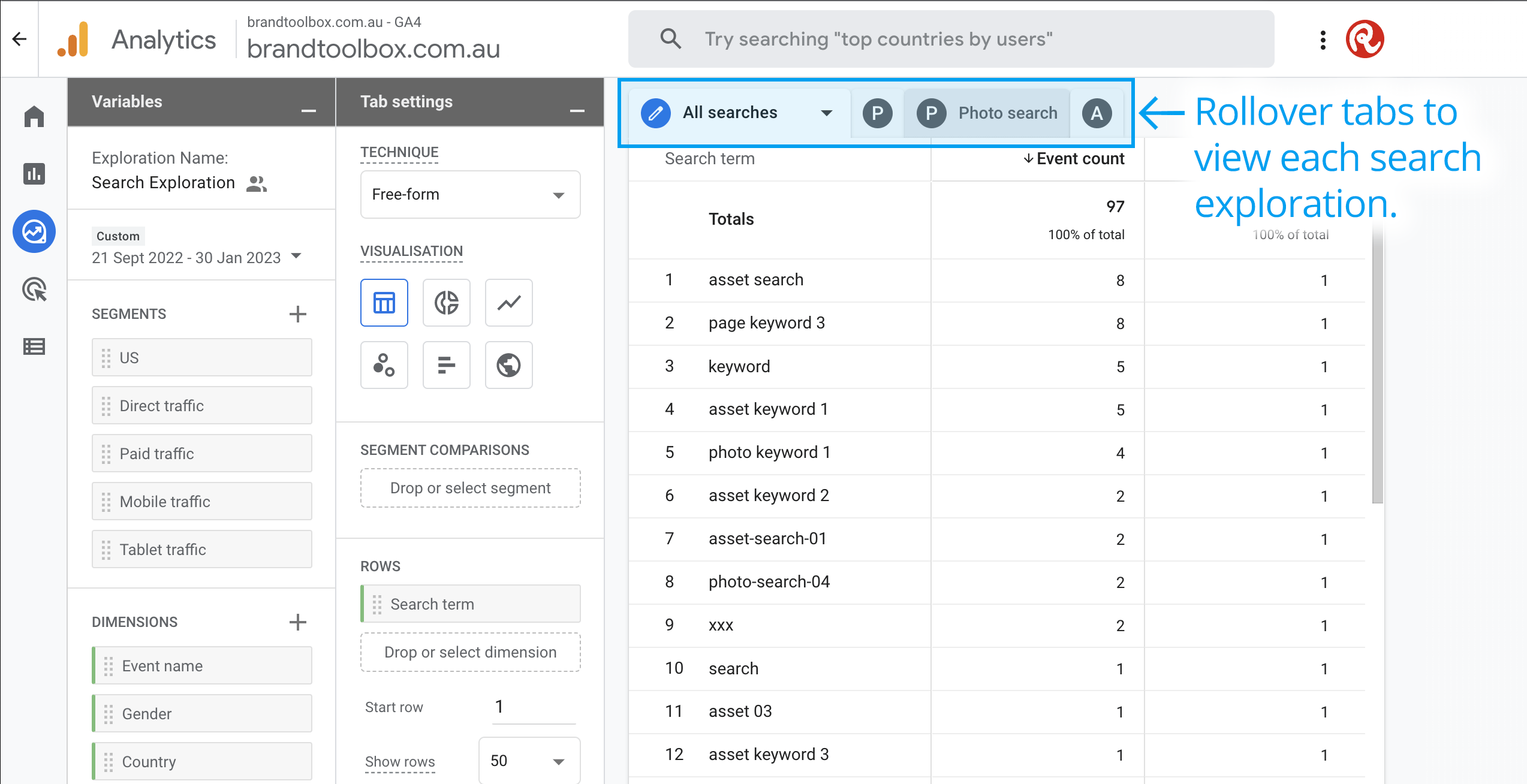 Reporting Exploration tabs