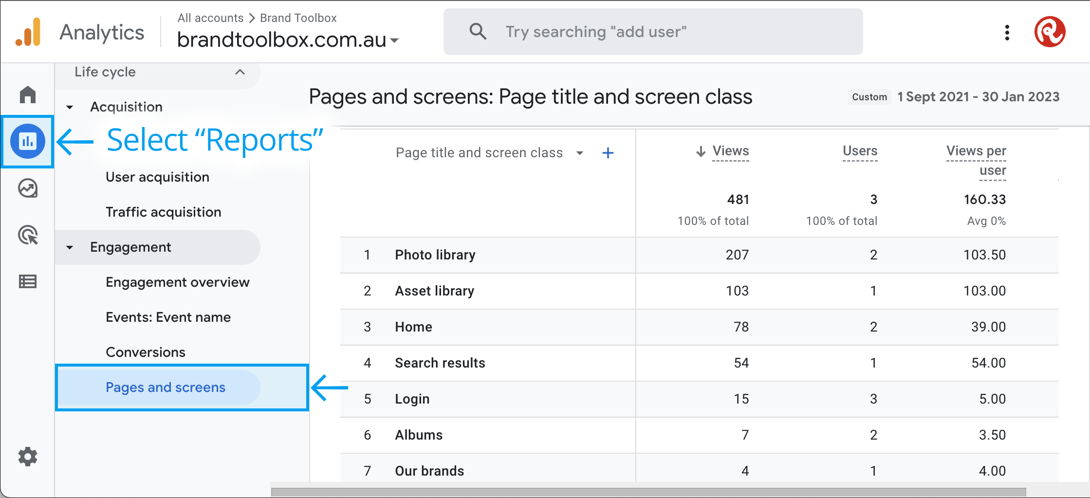 Reporting Acquisition and Engagement - Pages and screens