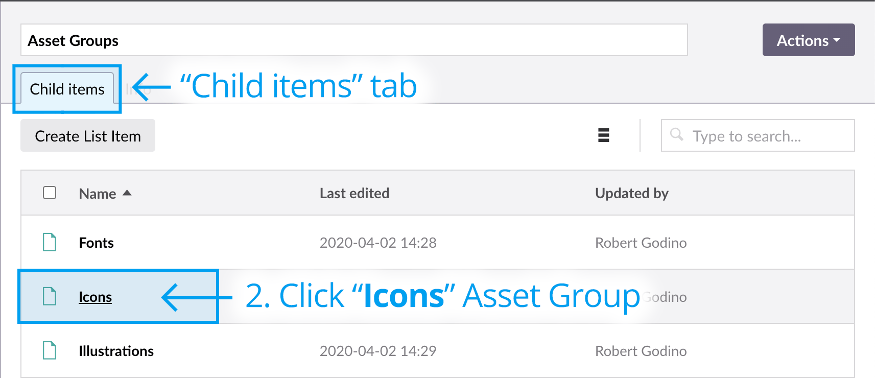 Select icons asset group list item