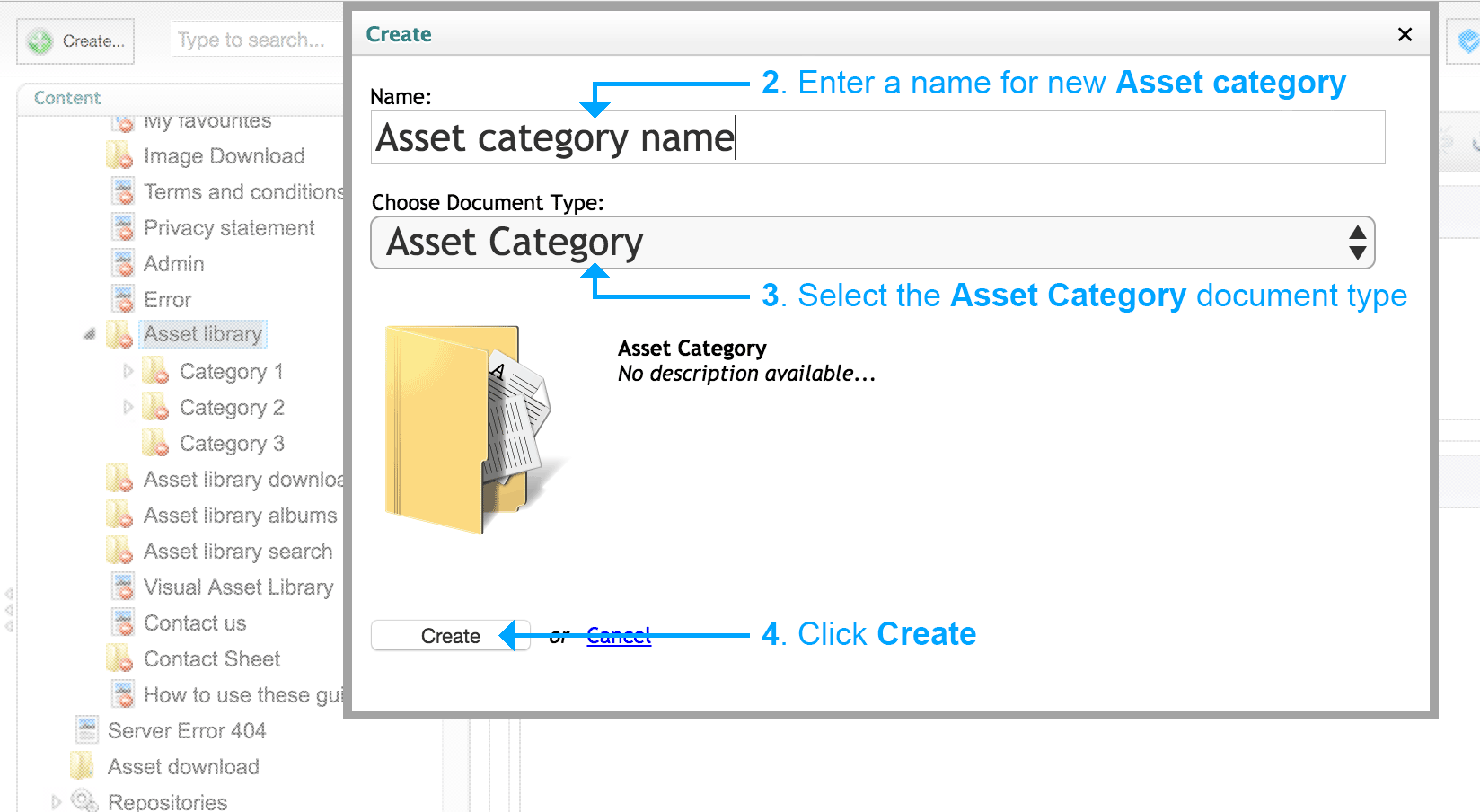 Step 2-4 – Enter a name and choose Asset Category doc type