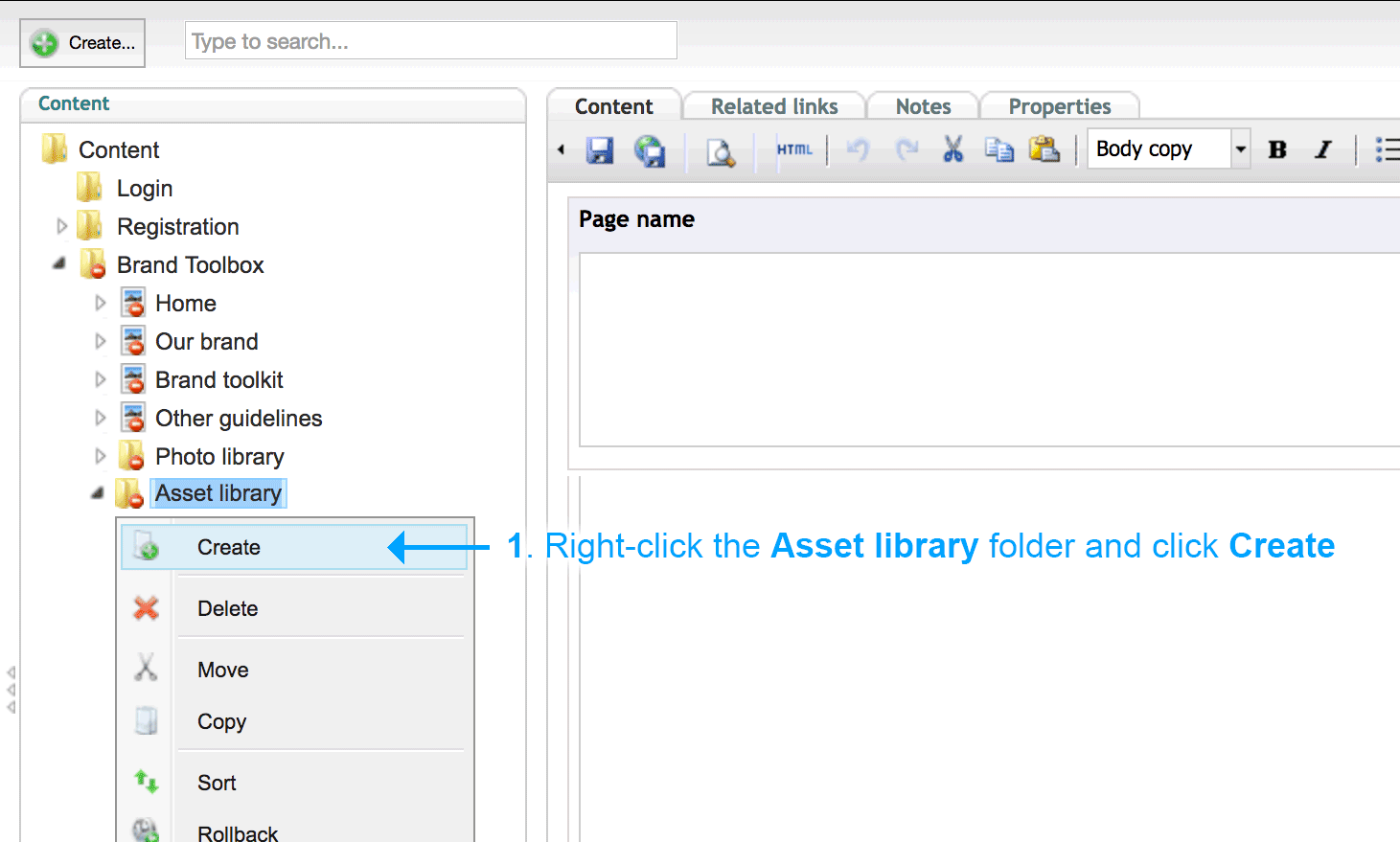 Step 1 – Click Create from the actions/context menu