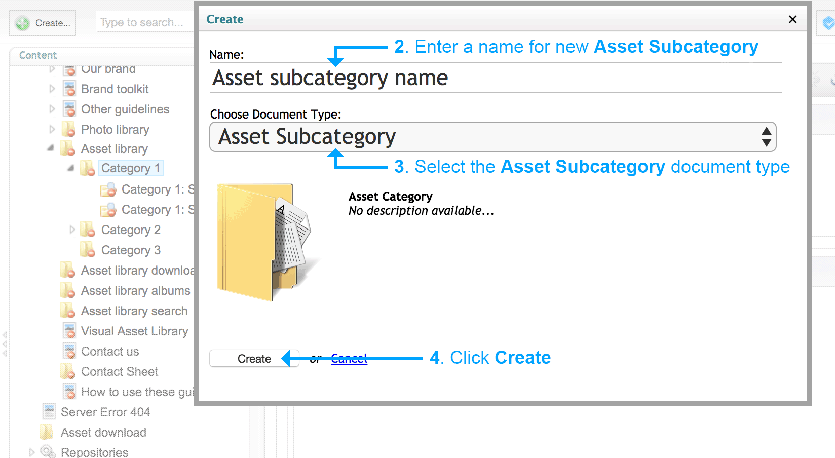 Step 2-4 – Enter a name and choose Asset Subcategory doc type