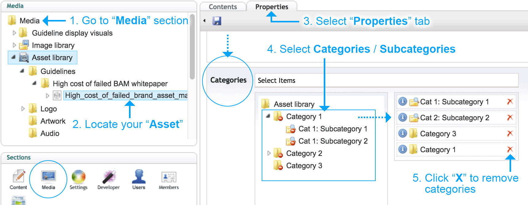 Assigning categories and subcategories to assets