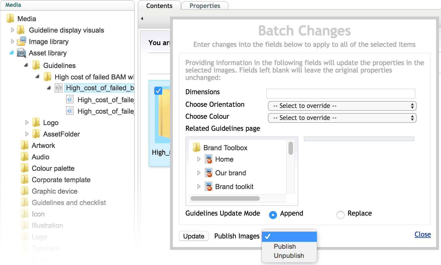 Asset Version Batch Modify dialog box