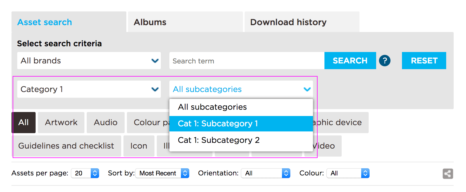 Asset library categories selection tool