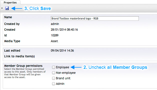 Brand Toolbox Asset Library Unassigning all Member Group permissions