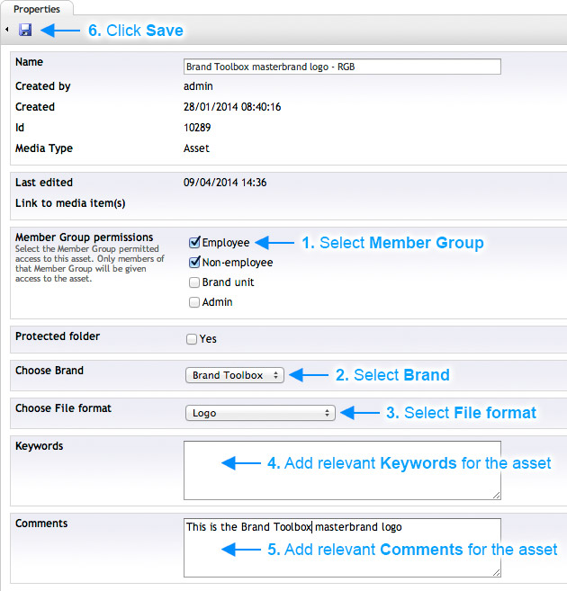 Brand Toolbox Asset Library Enter the Asset properties