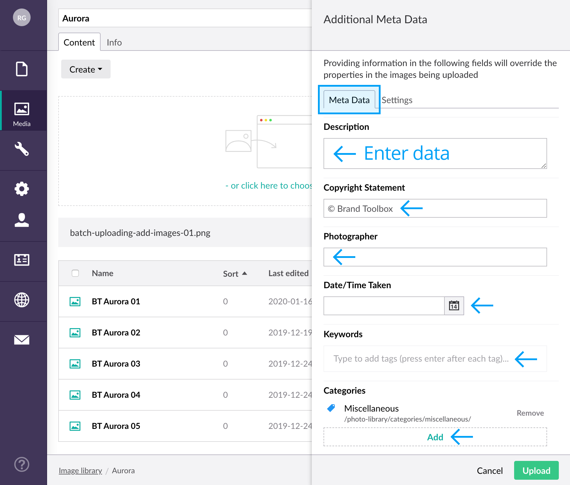 Uploading metadata in batch sliding panel