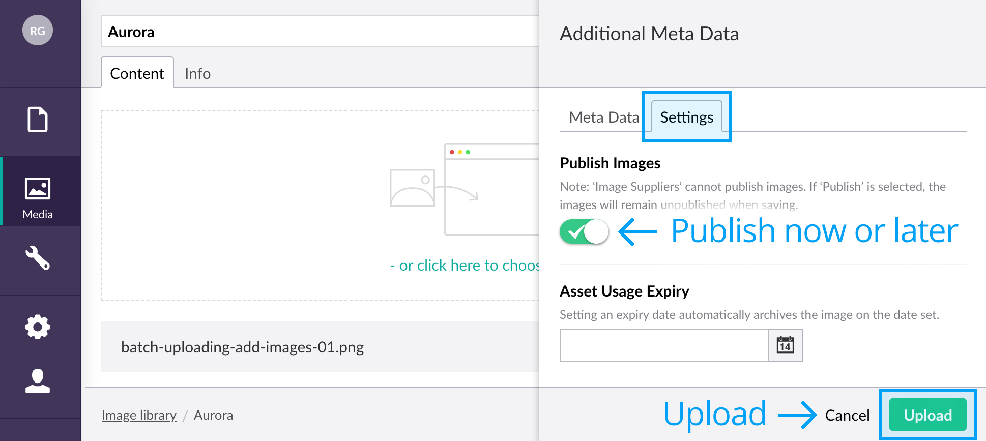 Uploading metadata and settings before upload
