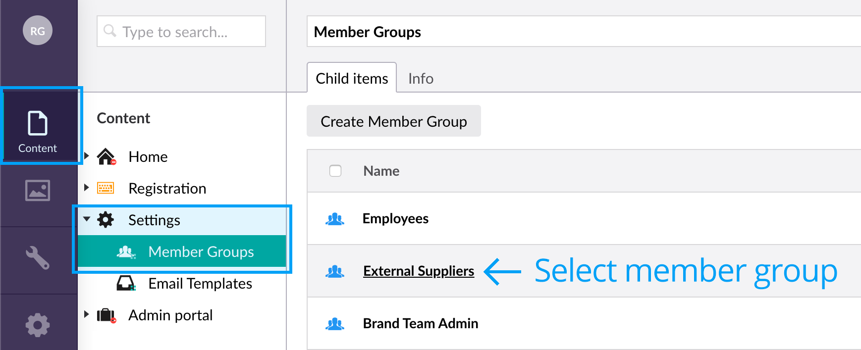 Select the member group in the settings section