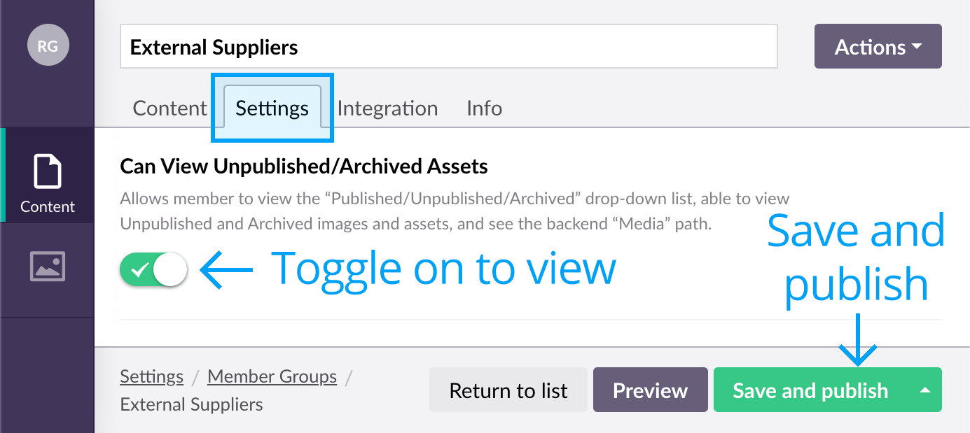 Can view unpublished and archived images toggle