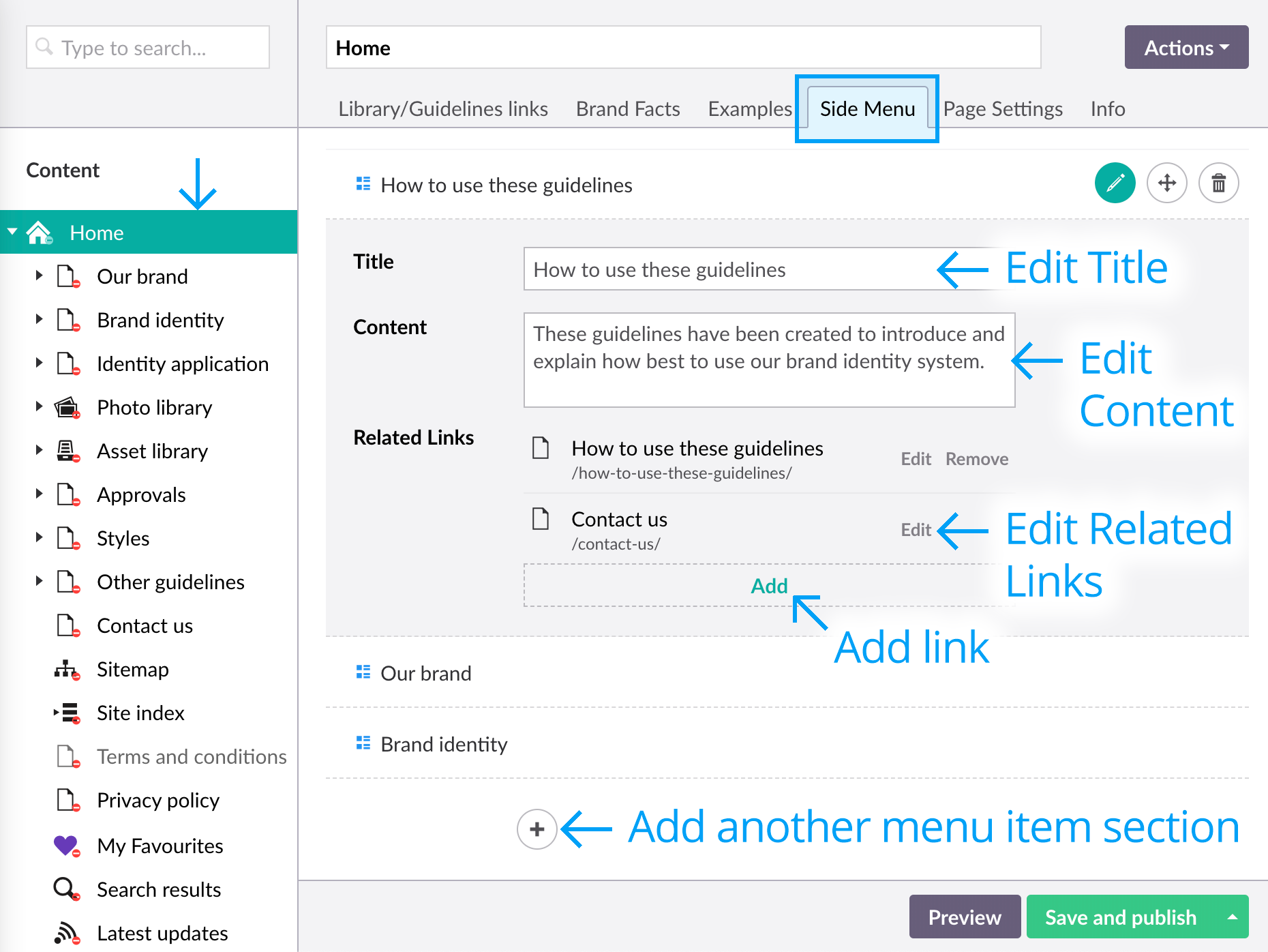 Editing the Home page left side menu items