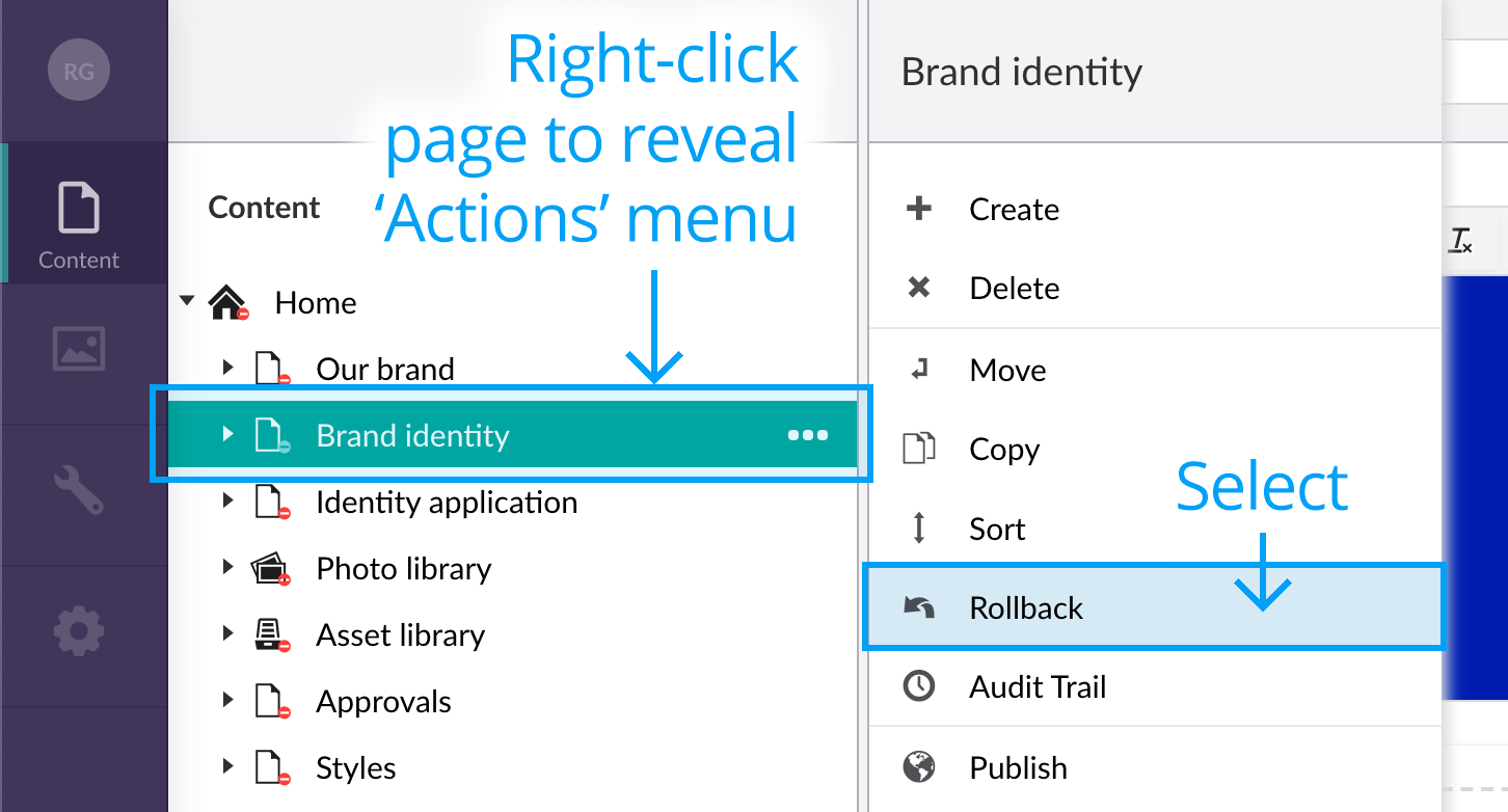 Version management action menu rollback button