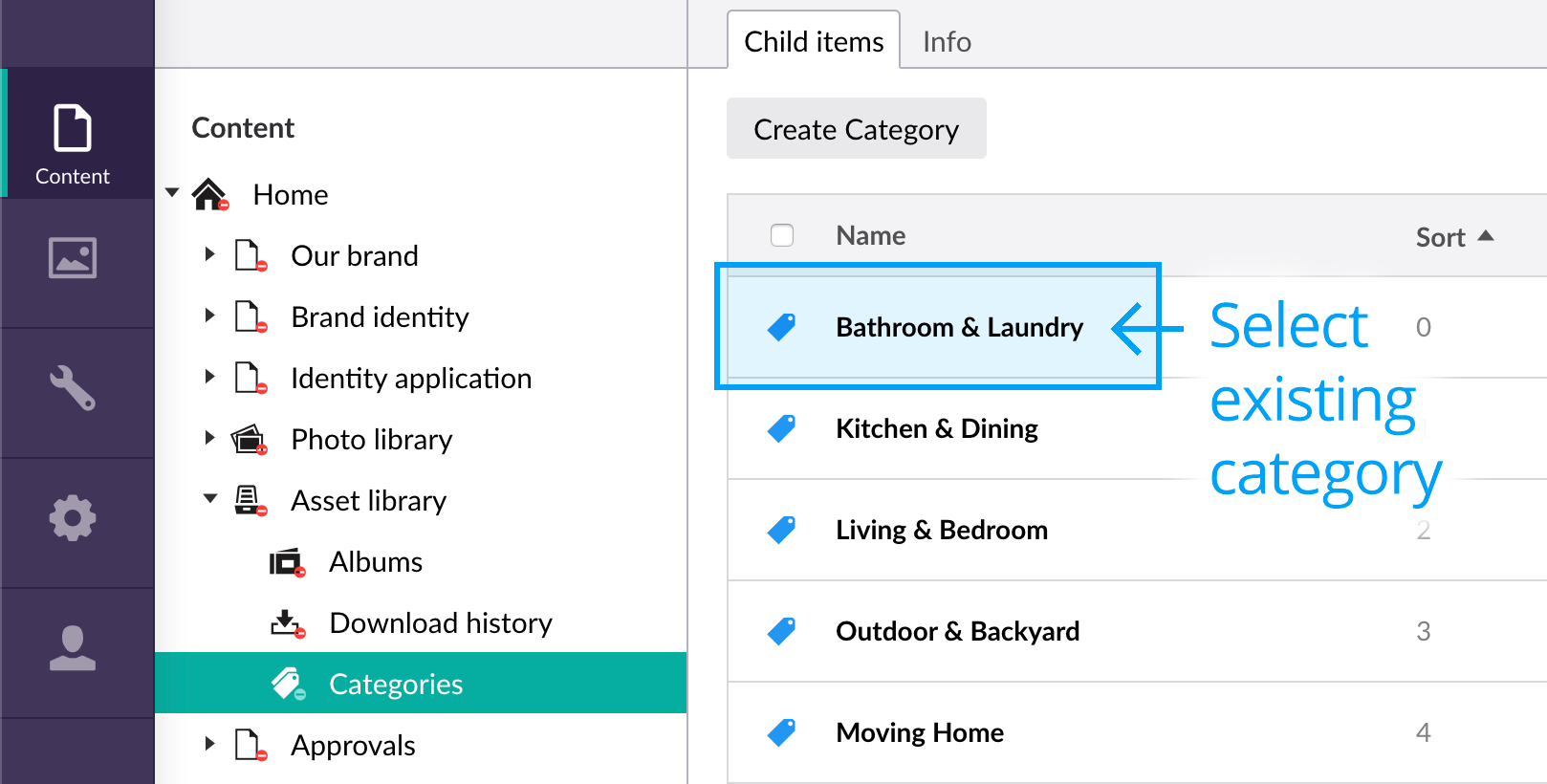 Select existing asset category