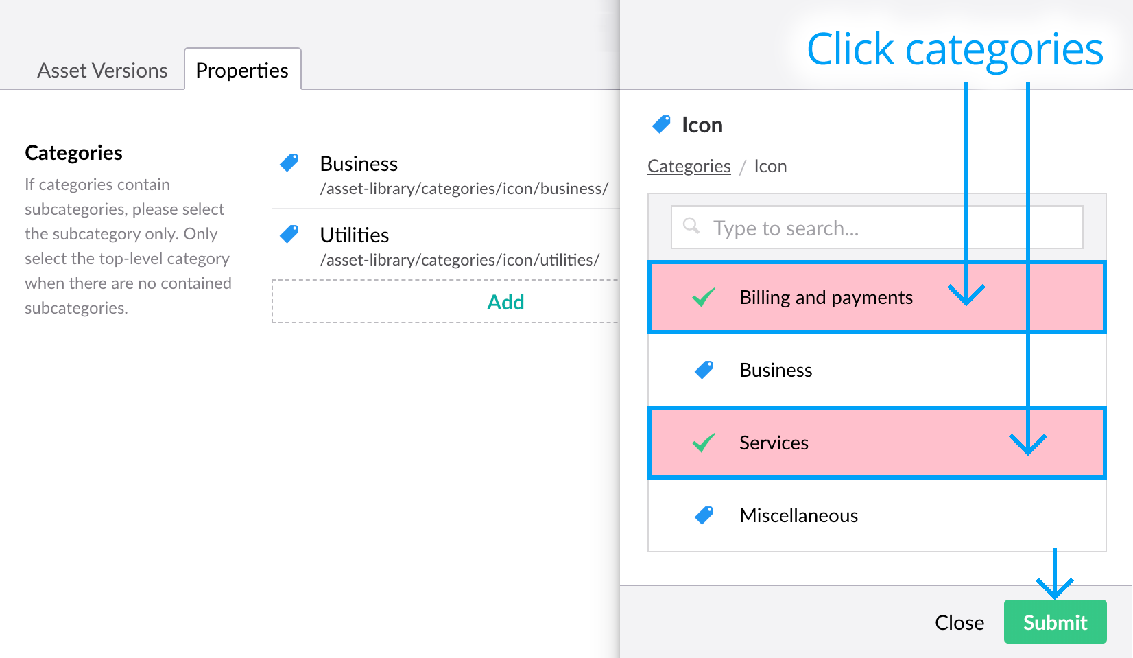 Assigning categories to an asset - Choosing categories