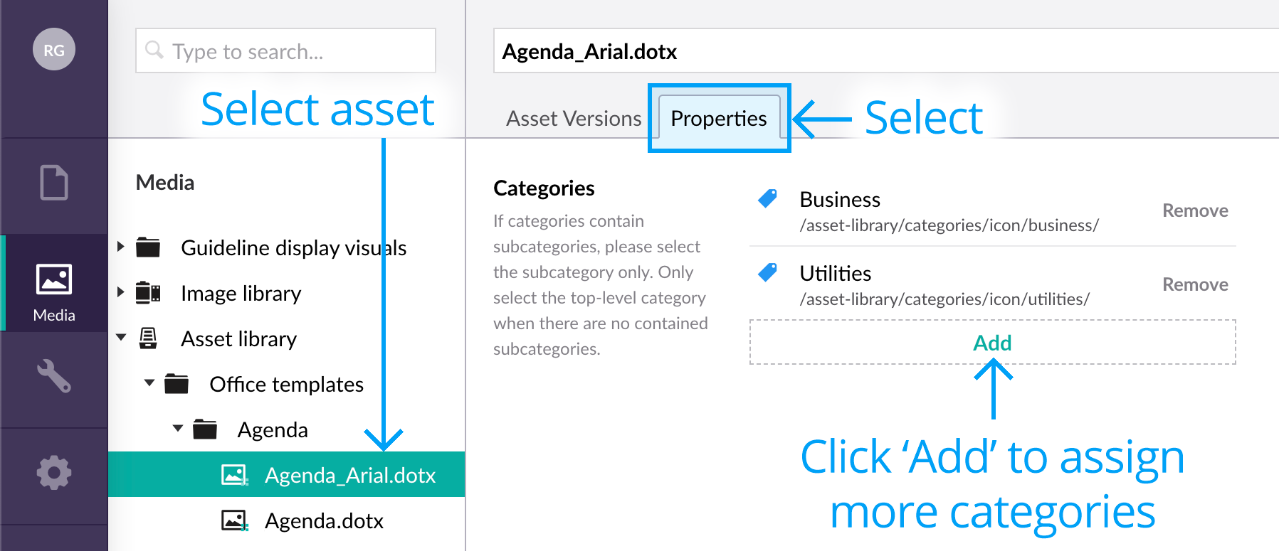 Assigning categories to an asset