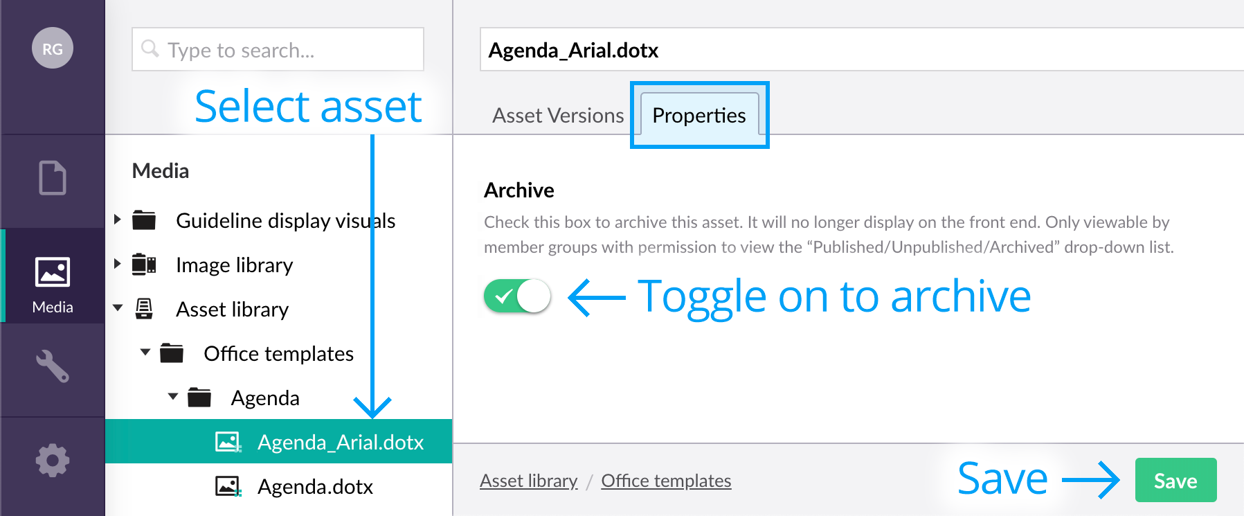 Archiving an asset Archive toggle