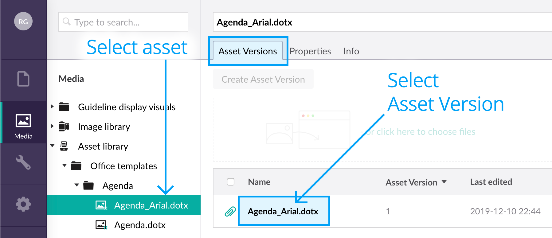 Unpublishing an asset version - Select version