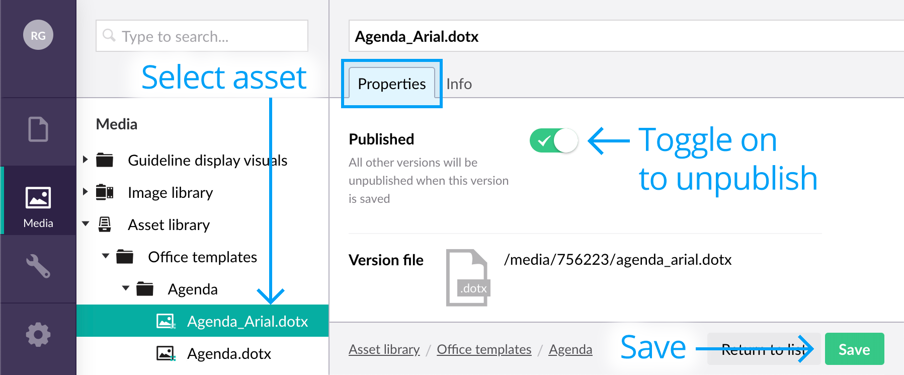 Unpublishing an asset version toggle on