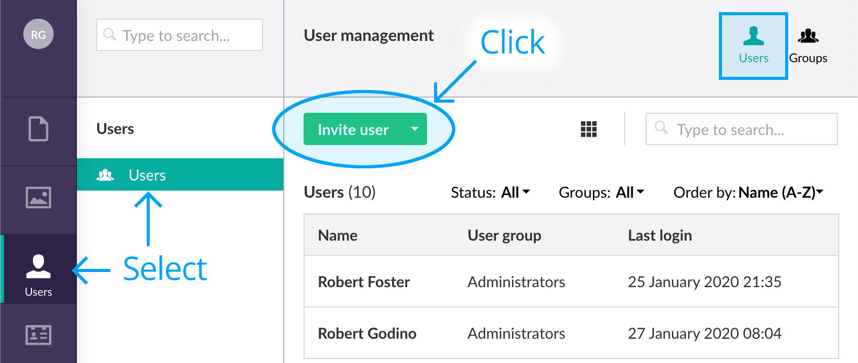 Invite user screen