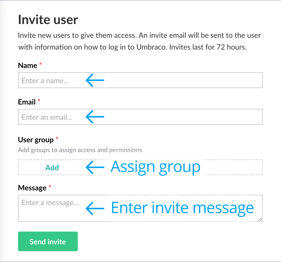 Invite user details entry screen