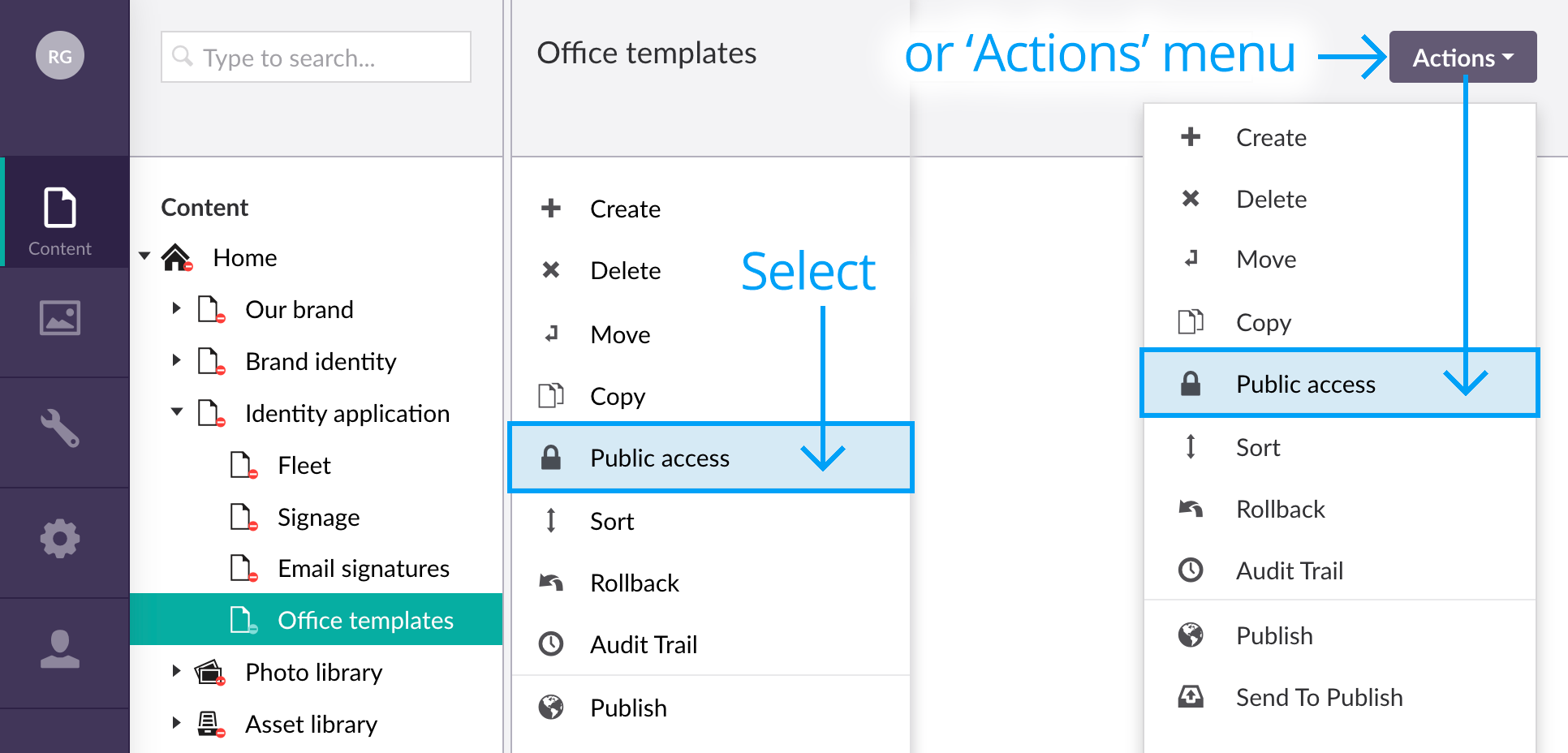 Select public access from actions menus