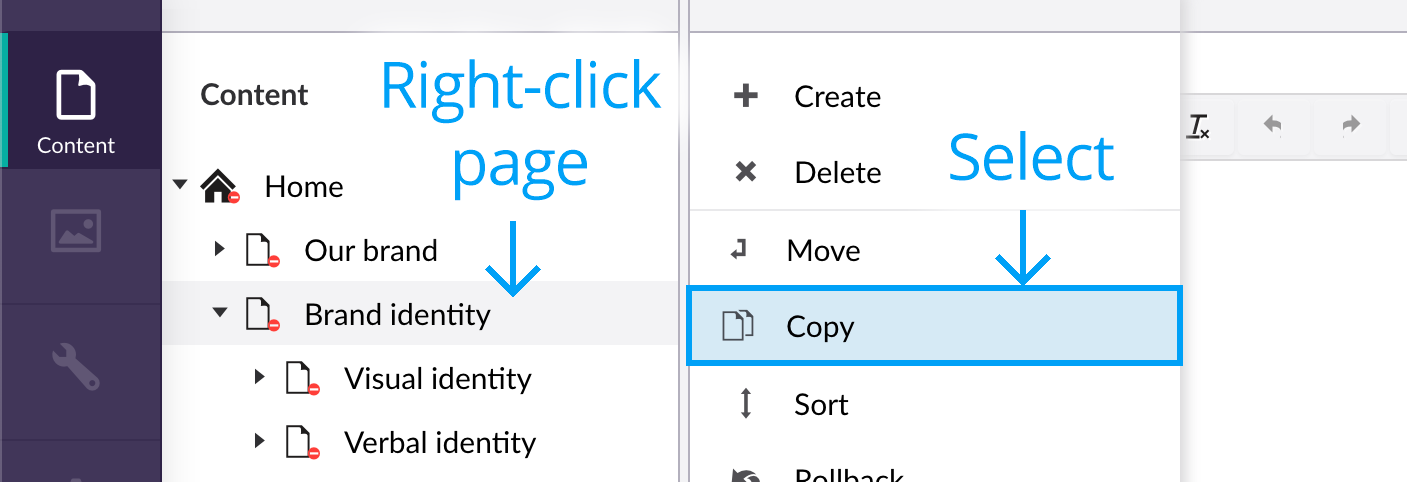 Copying pages - Select page node