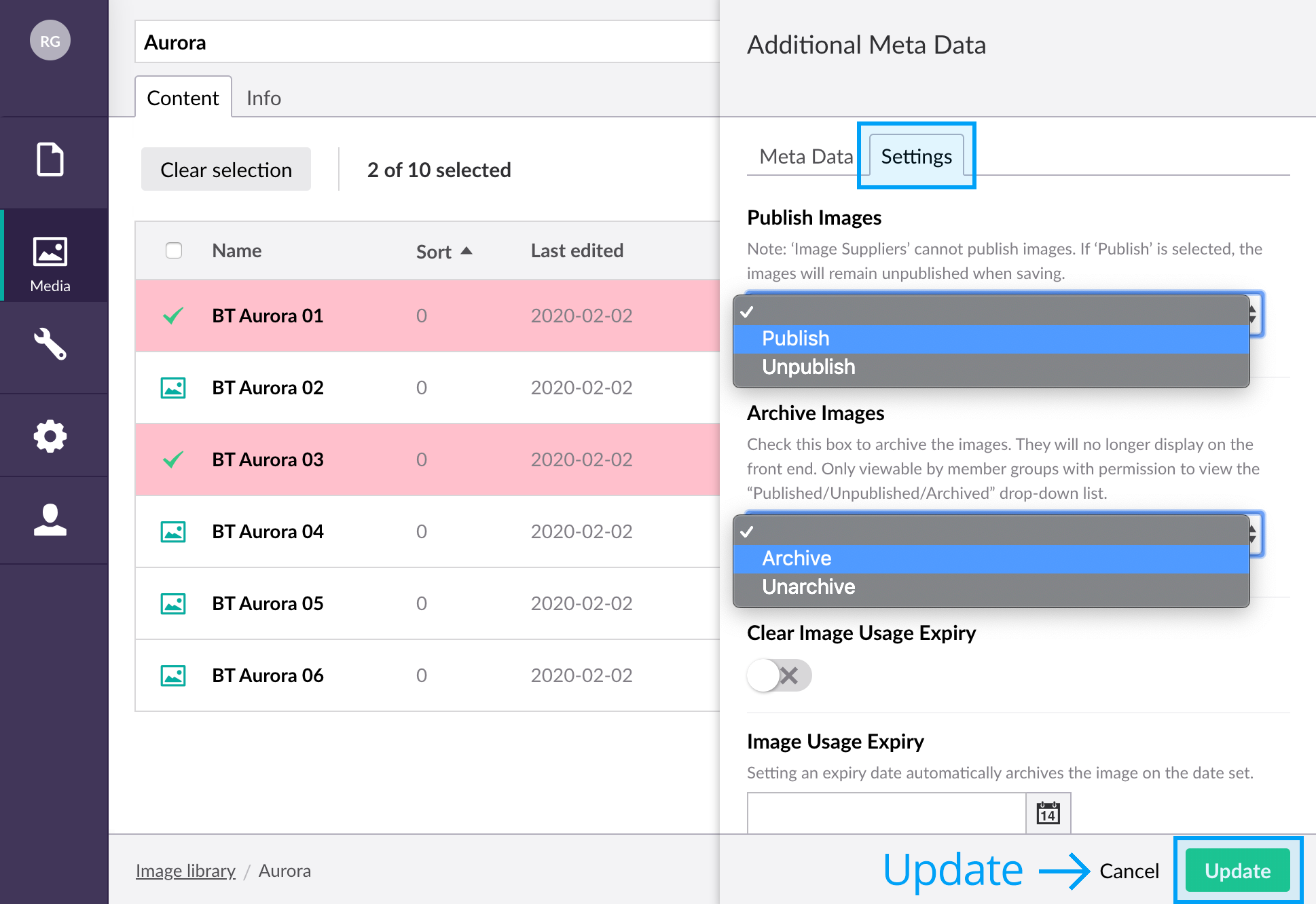 Updating meta data dialog box settings tab