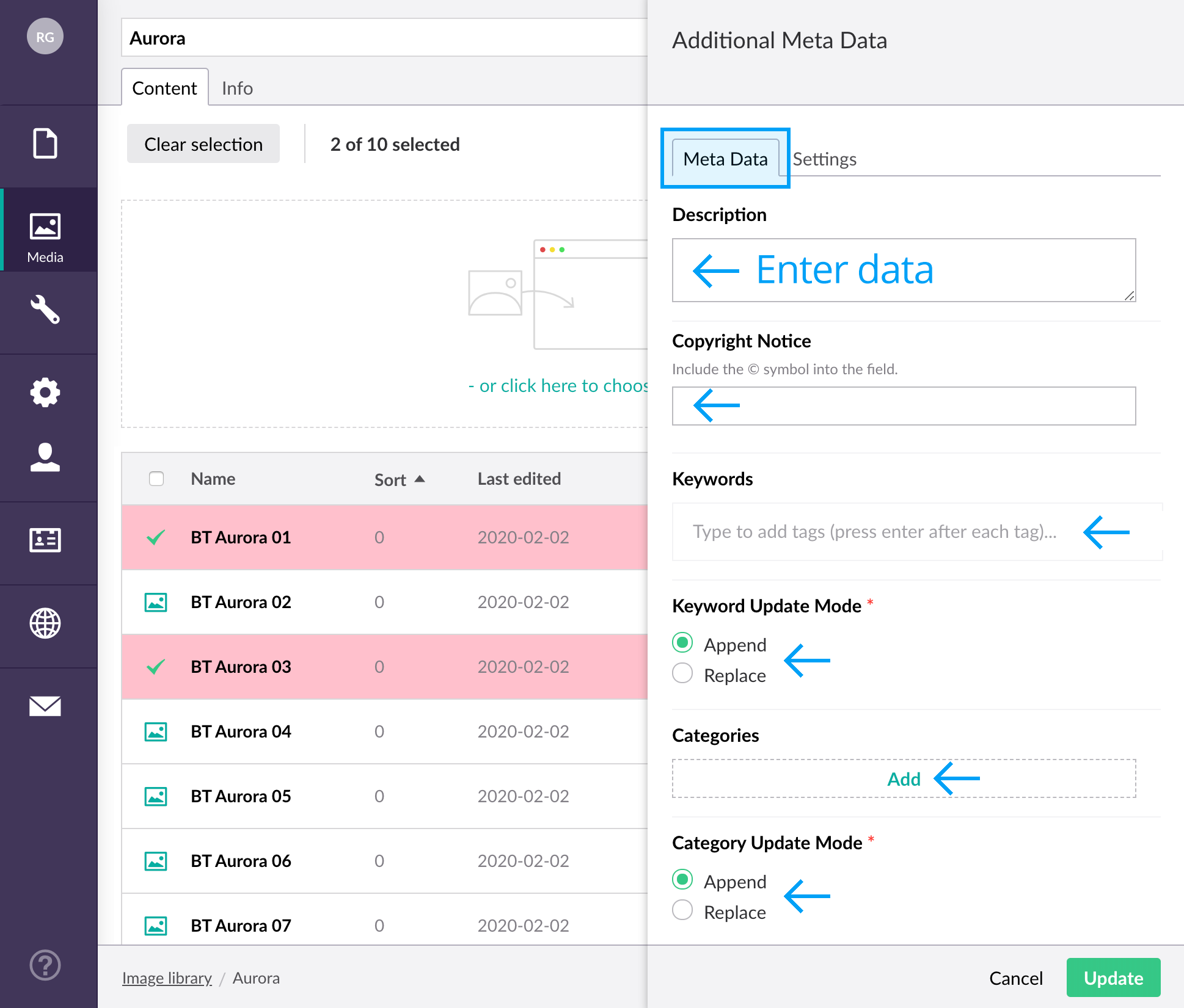 Updating meta data dialog box options