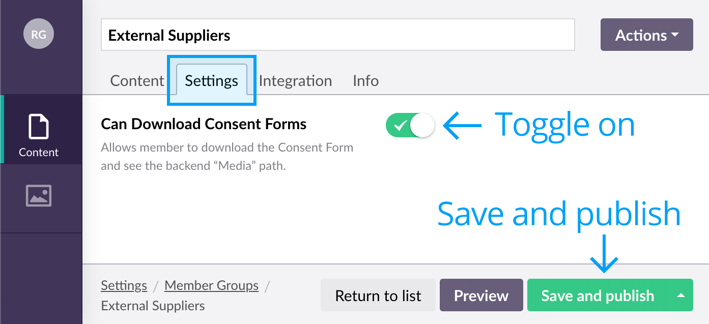 Consent form member settings