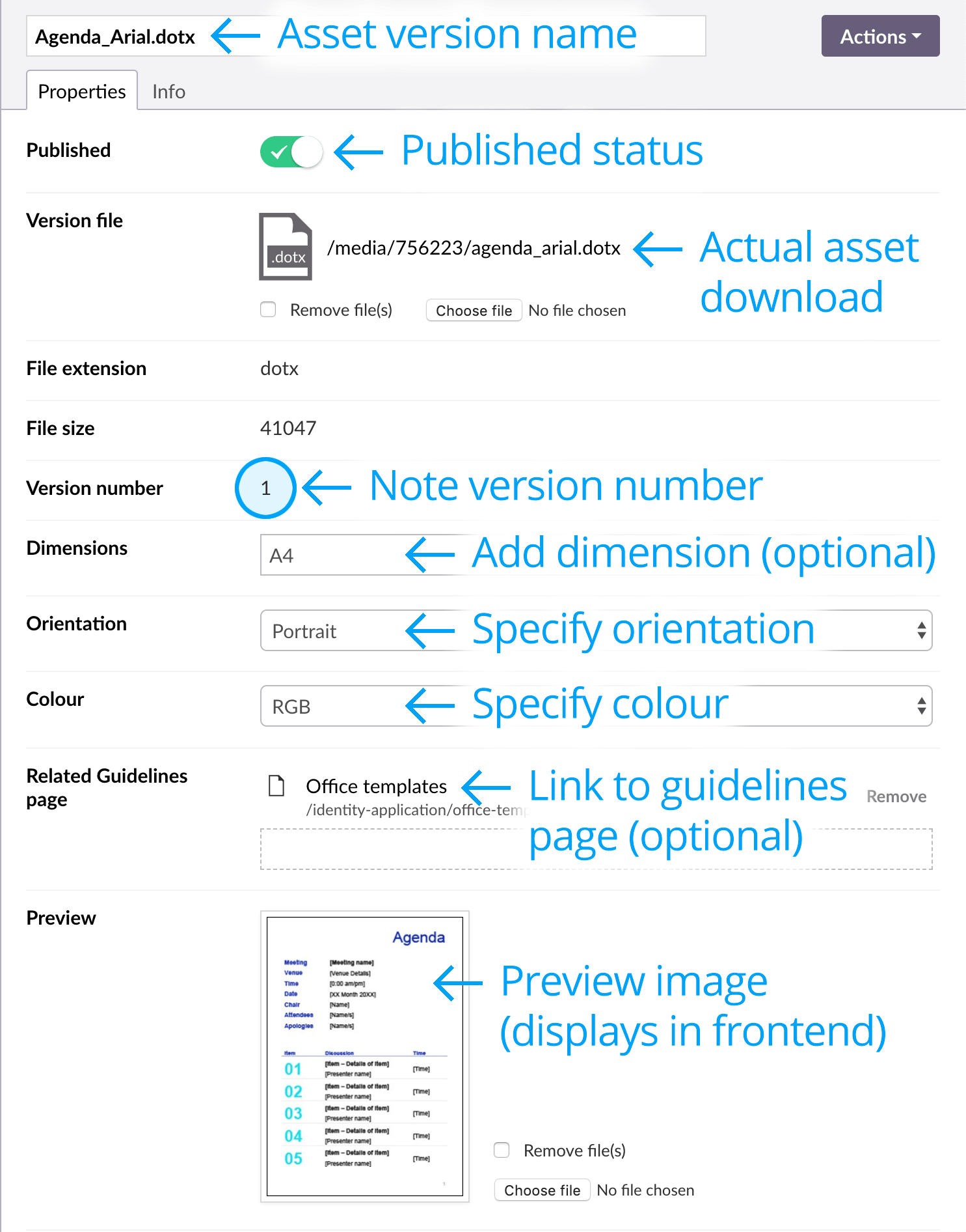 Asset version media type property screen