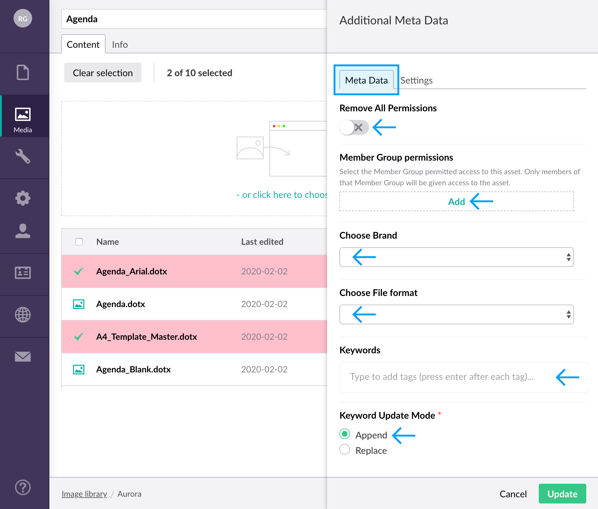 Updating asset metadata dialog box