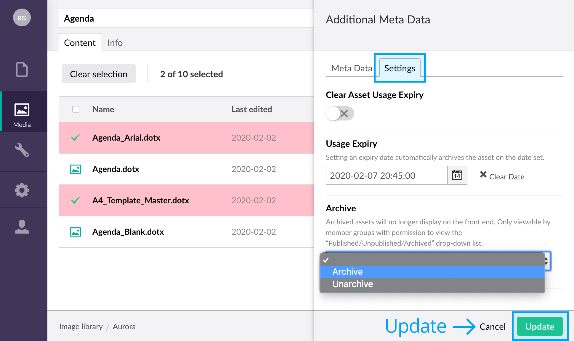 Updating asset metadata dialog box - Settings tab