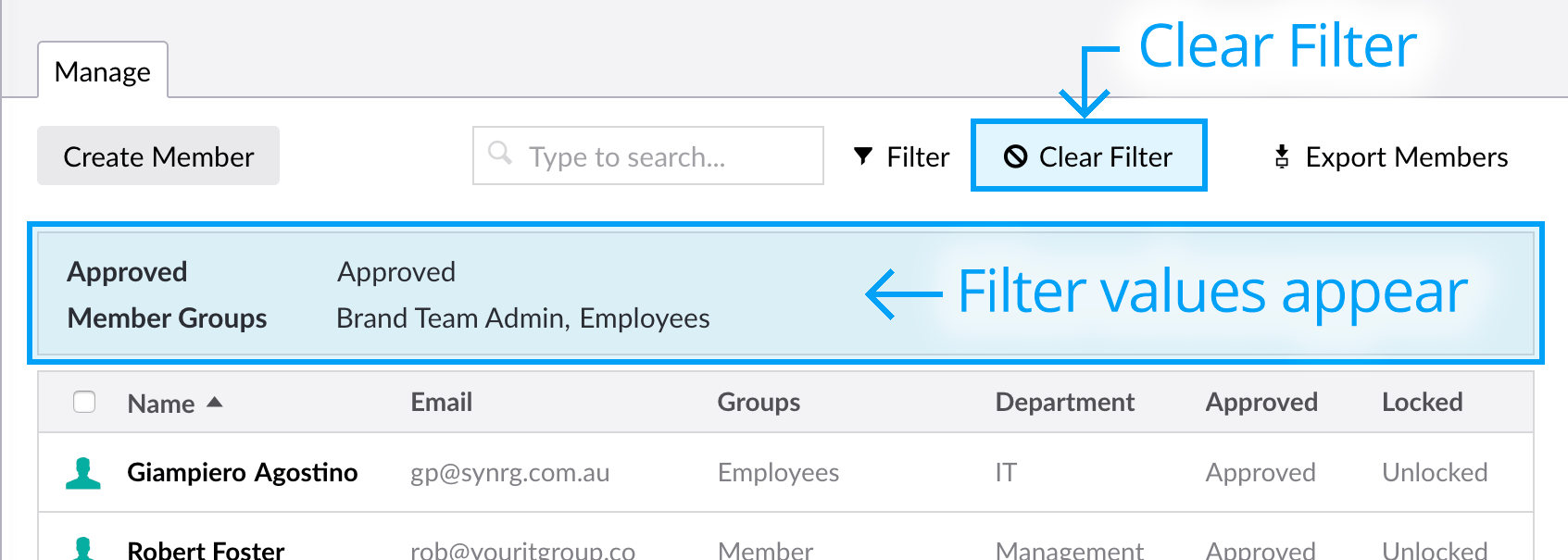 Backoffice filtered member list