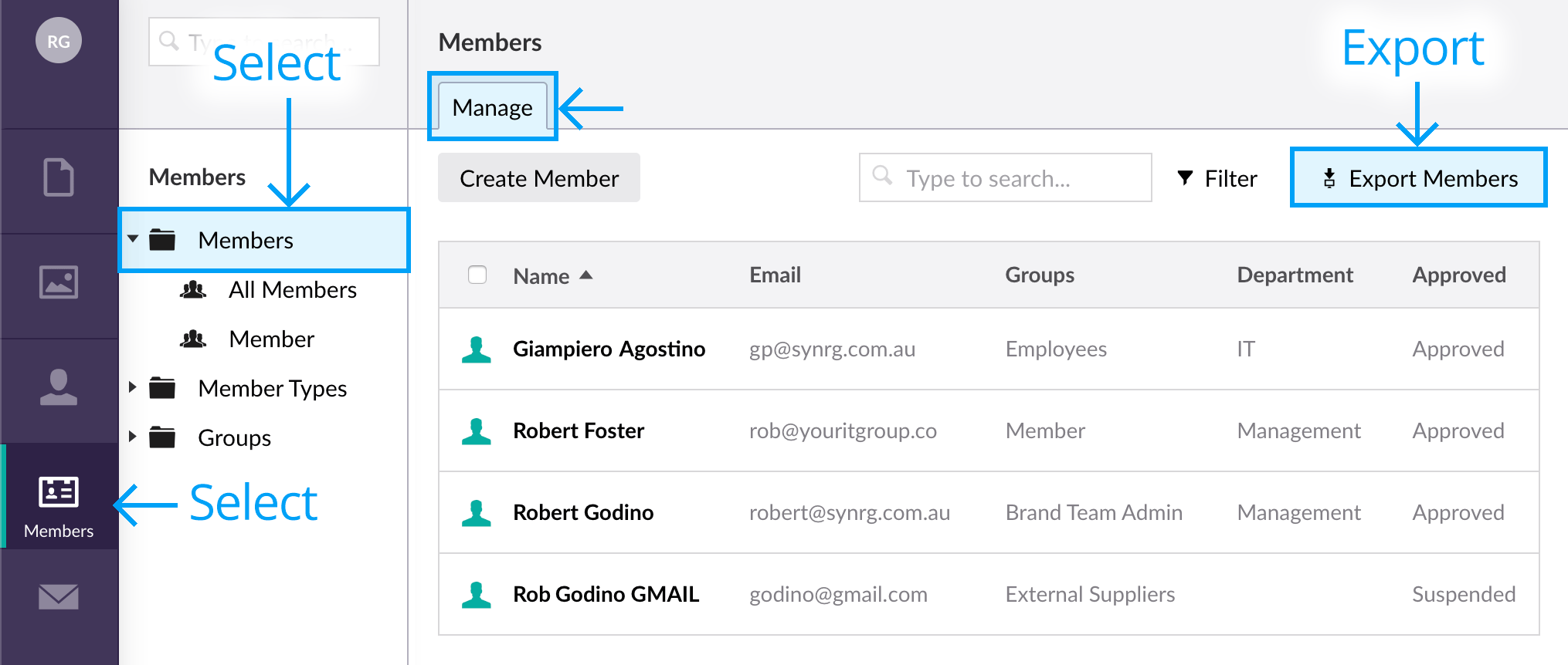Export members button in the members backoffice area