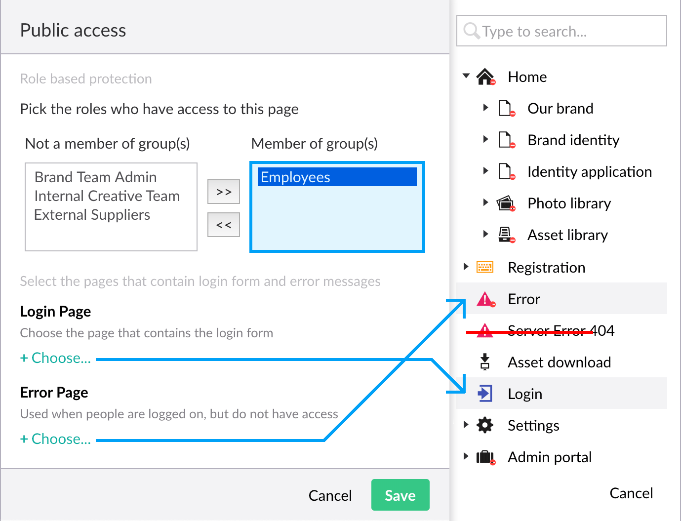 Public access role based protection slide out menu