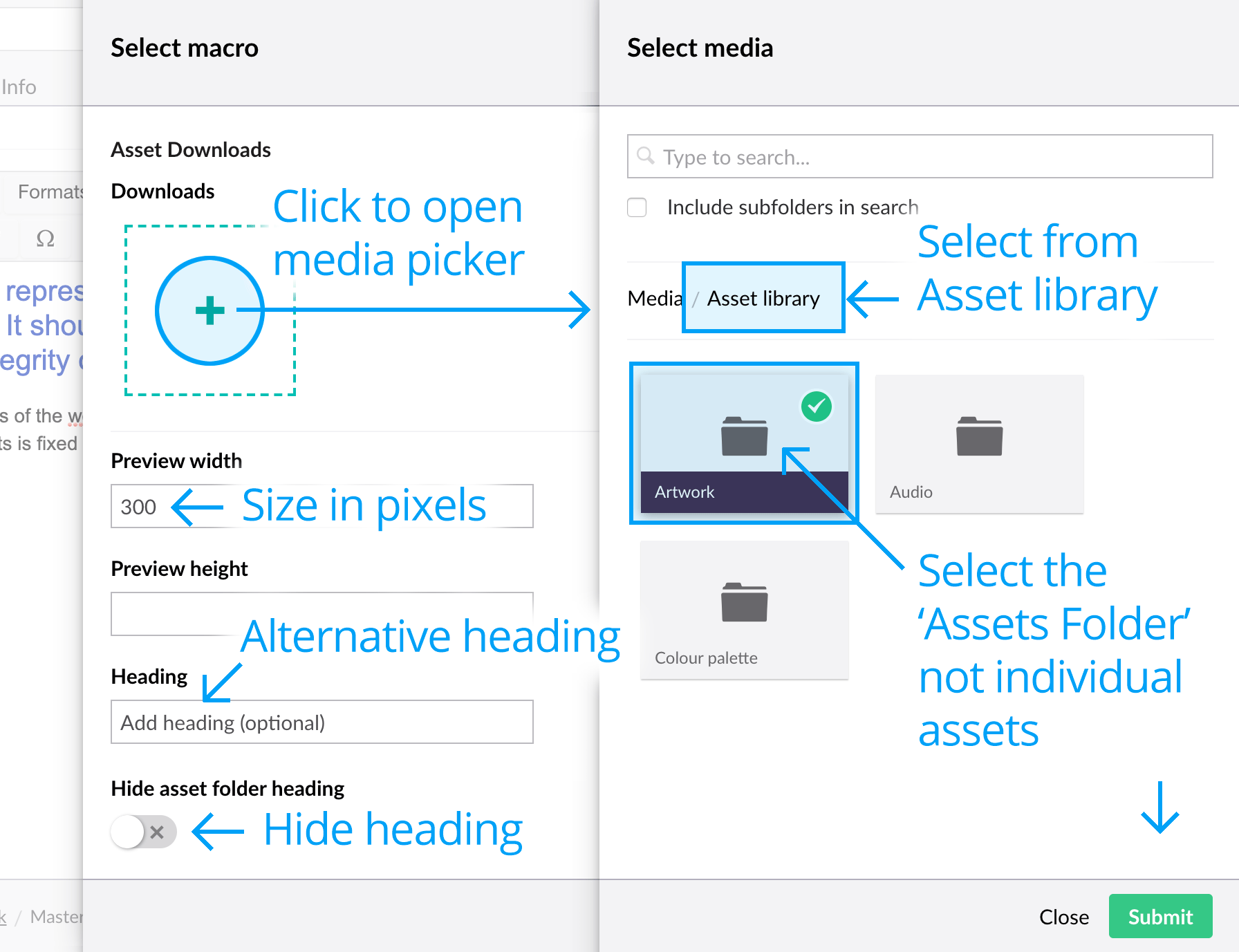 Select asset for on-page download macro