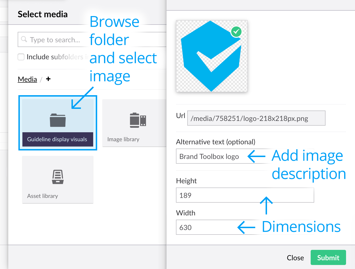 Insert image slide out panel with dimensions