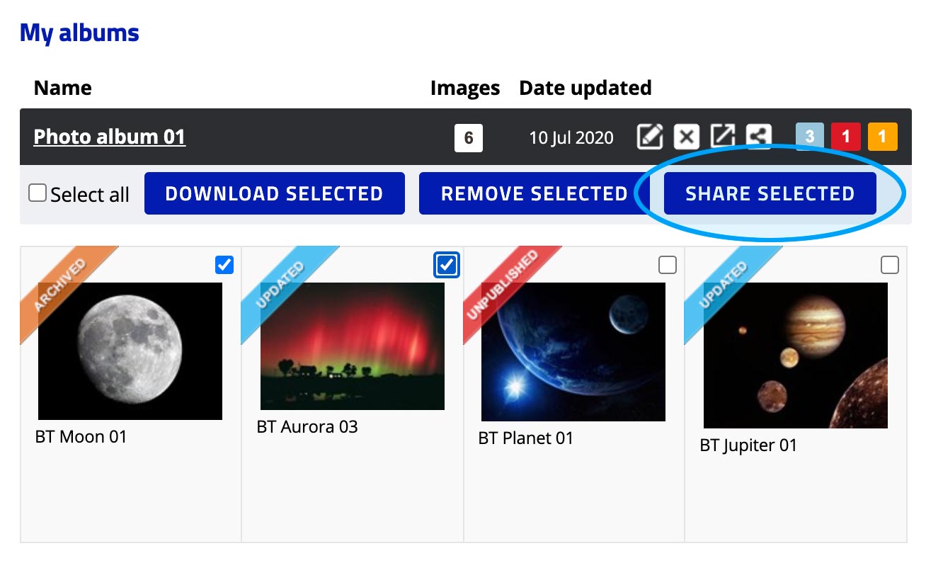 Photo library share selected button
