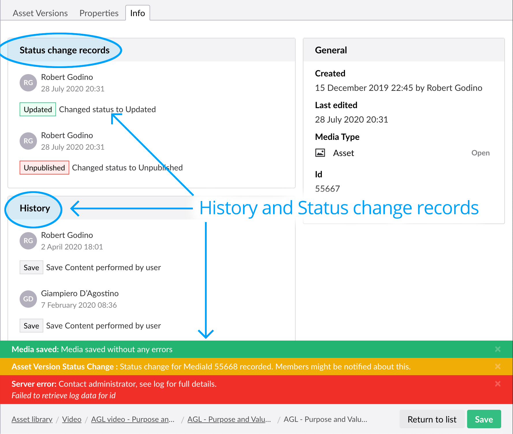 Media history status change records