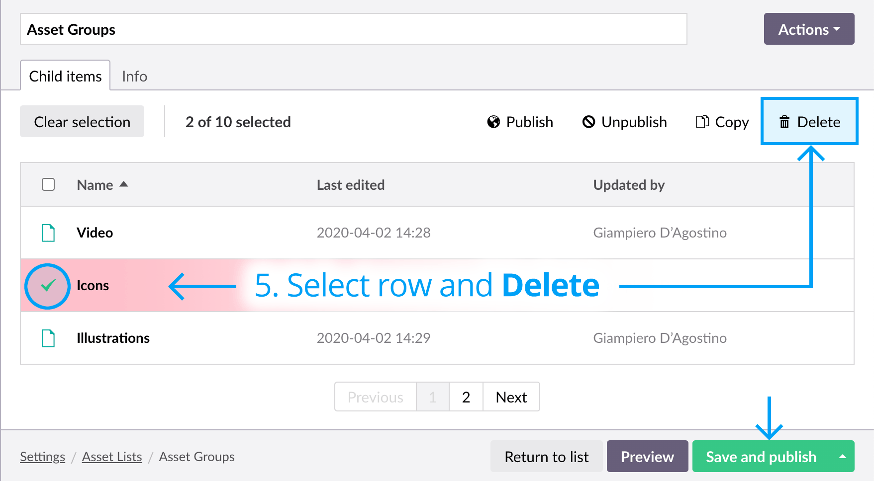 Asset lists - Delete list item