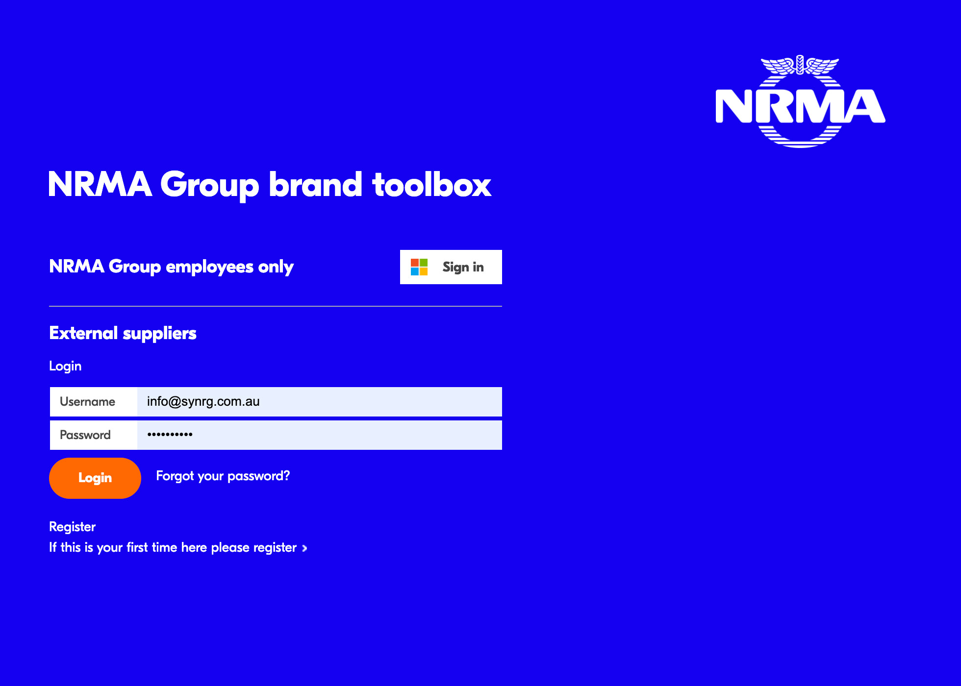 NRMA login screen