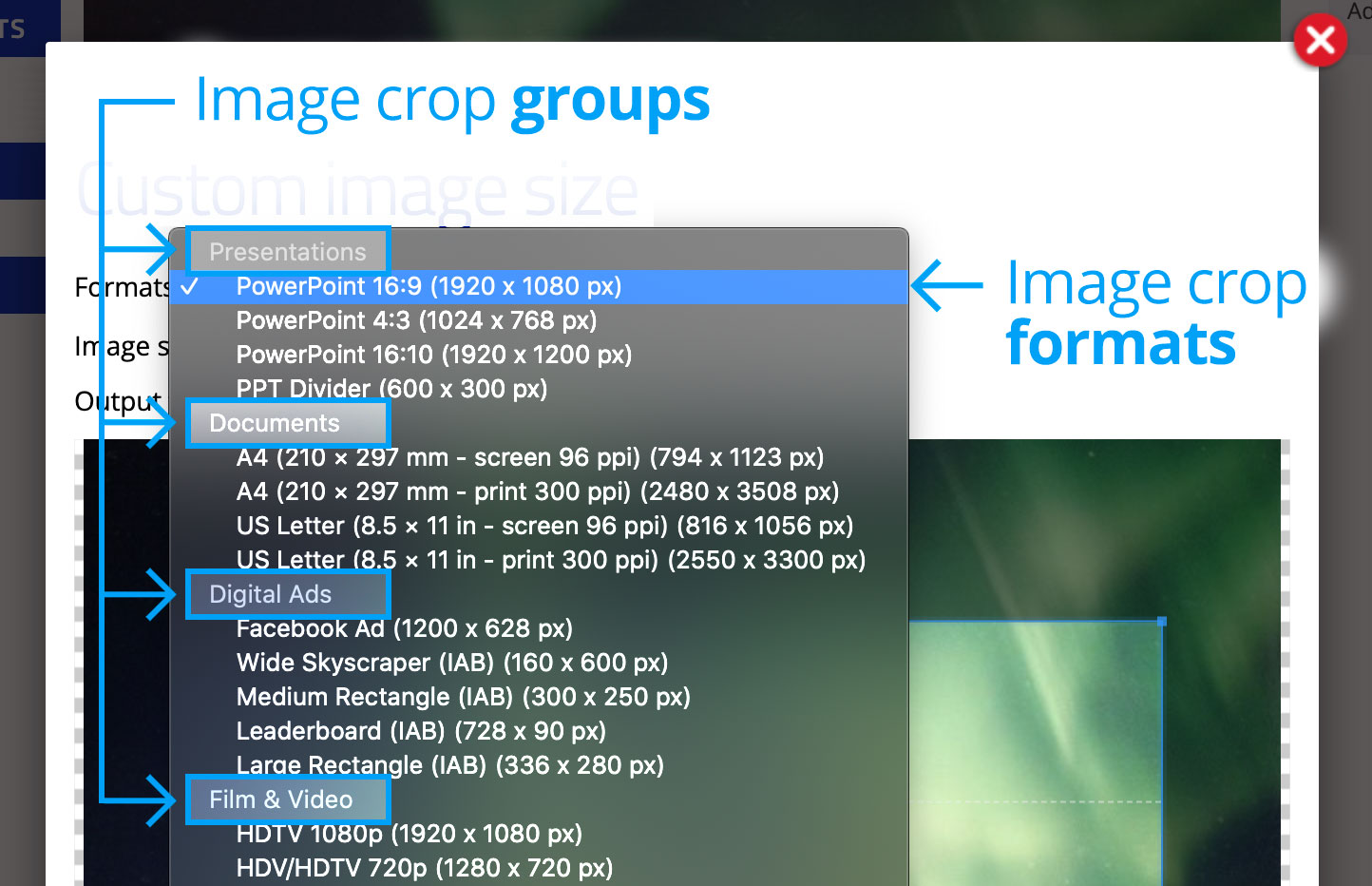 Image crop groups and formats
